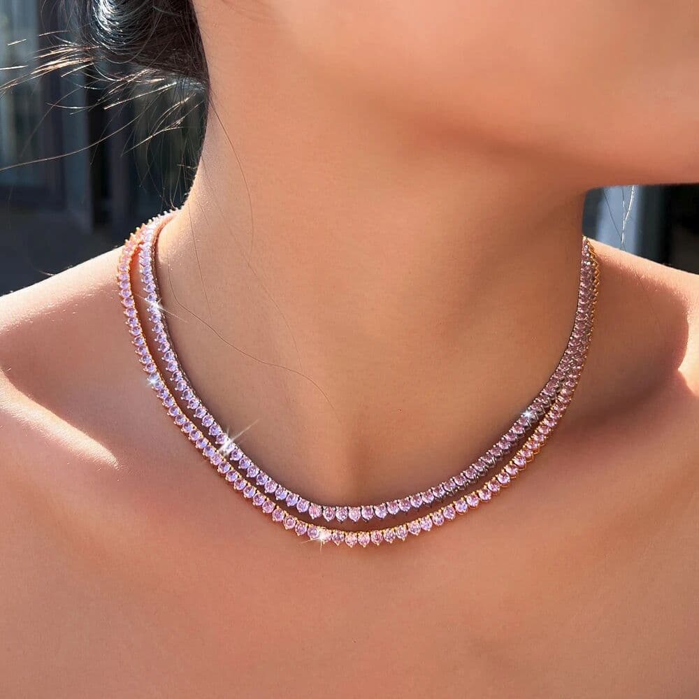 ThreeGraces Jewelry ThreeGraces Simple Fashion Sparkling 0.3cm Round Zirconia Bridal Wedding Party Pink Tennis Necklace Jewelry for Women PN119