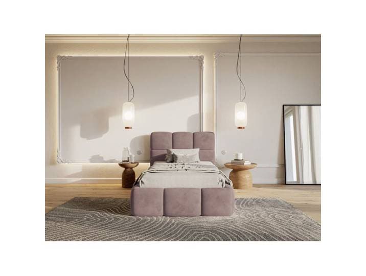 Lit rembourré 90x200 – CLOUDY – avec coffre – Velours Rose clair