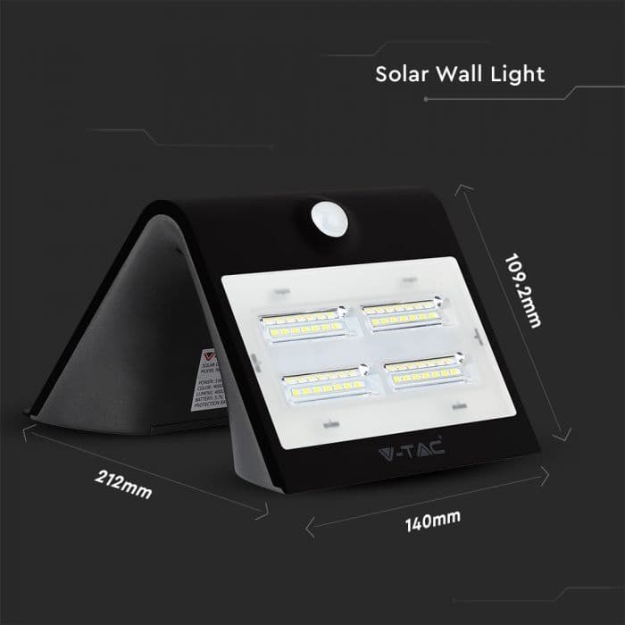 V-Tac Vt-768 Lampada Led Da Muro A Batteria 3w Con Pannello Solare E Sensore Di Movimento Corpo Nero 3000k+4000k Ip65 - Sku 7528