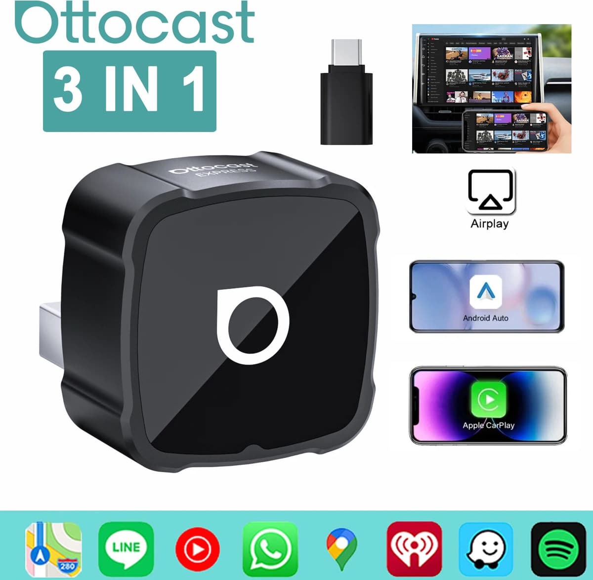 OTTOCAST MINI AIR Cube 4.0 Wireless CarPlay Android Auto Adapter  3 in 1 Dongle Airplay Screen Mirroring Dongle Car Accessories