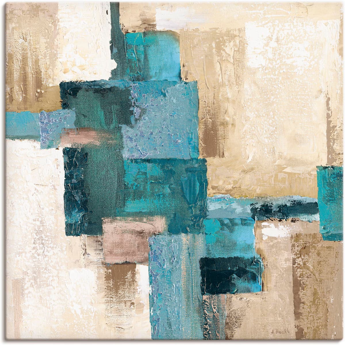 Wandbild ARTLAND "Abstrakte Karos beige-türkis", blau (farbe bild(er): blau), B:50cm H:50cm, Bilder, Wandbild, als Leinwandbild, Poster in verschied. Grössen farbe bild(er): blau B/H/T: 50cm x 50cm, Leinwandbild Muster quadratisch, 1 Stk.