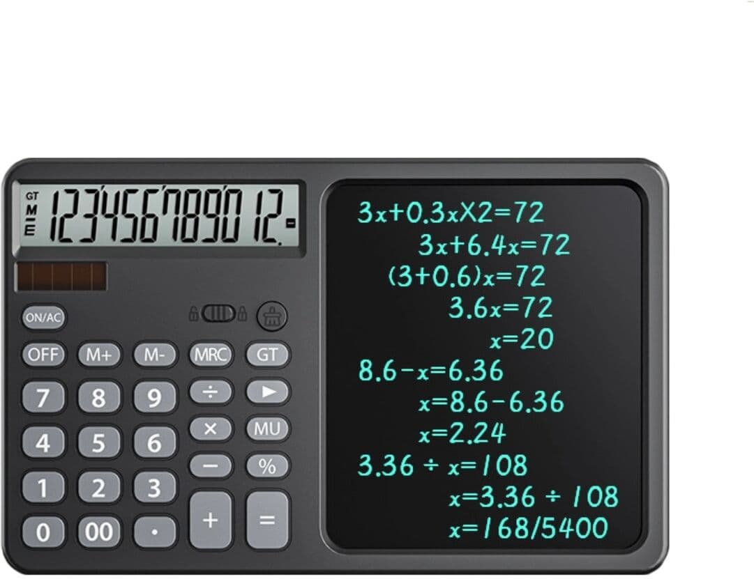 INF Calculatrice solaire avec tablette d'écriture LCD - Tablette effaçable avec stylet, alimentation solaire+batterie, support Le noir