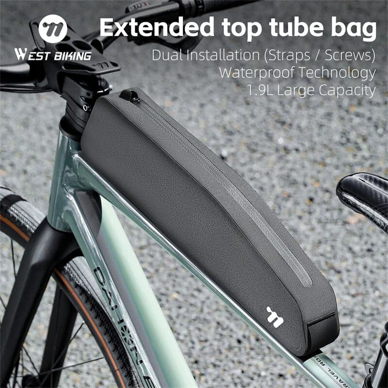 WEST BIKING Bicycle Extra-Long Top Tube Frame Bag Waterproof Paint-Safe Screw & Strap Fixing Bikepacking For Gravel Road Bike
