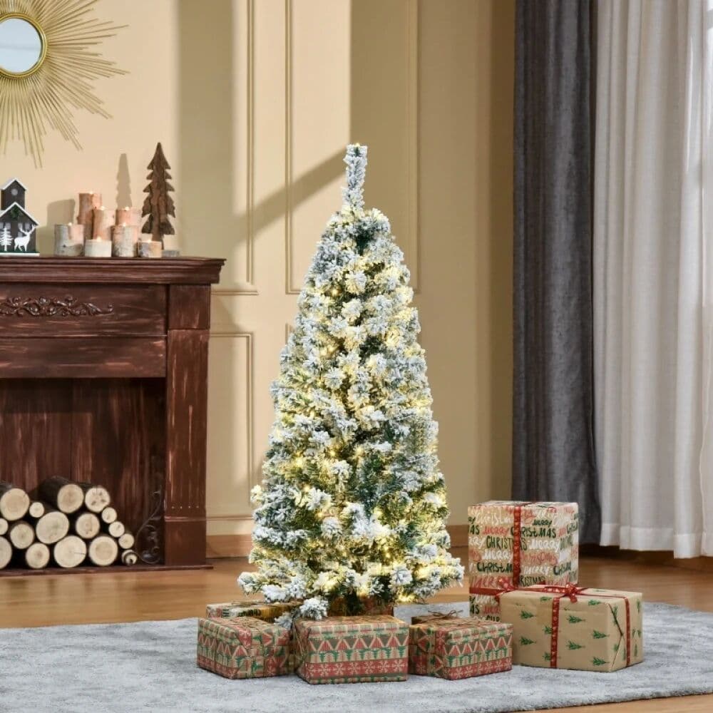 NONE 4FT Pre Lit Artificial Snow Flocked Christmas Tree With Warm White Light Green Needles For Holiday Home Xmas Decoration Living Room