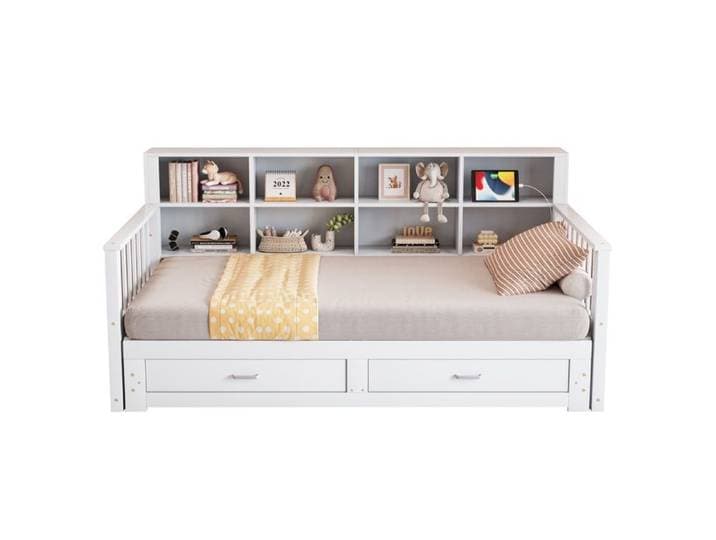 Lit gigogne extensible blanc 90 x 190 à 180 x 190 cm avec rangements prise et 2 tiroirs