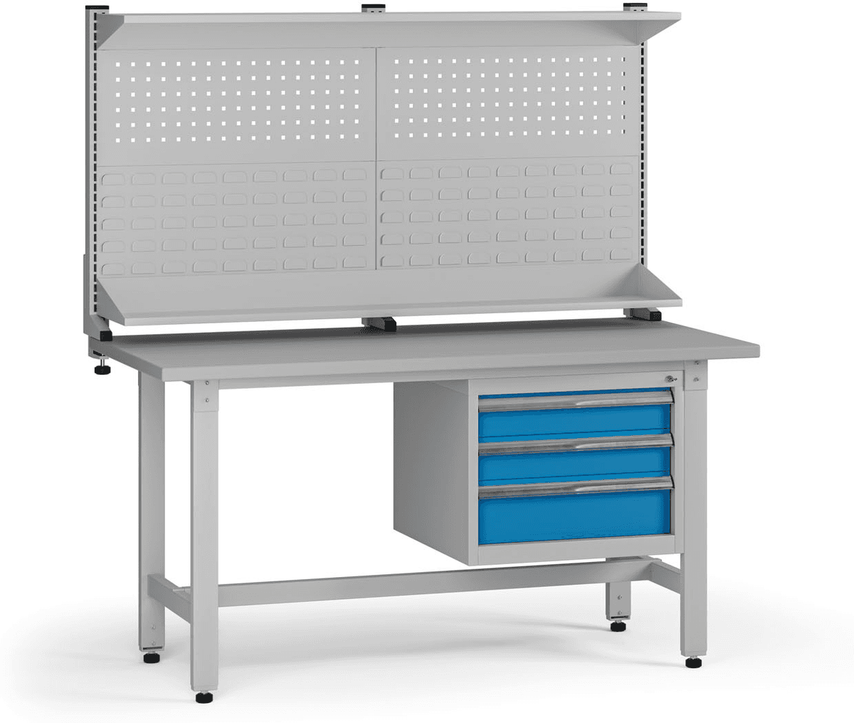 B2B Partner Höhenverstellbarer Werkbank G5 mit Aufsatz, 1500 x 750 x 800-1000 mm, 1x Container, 3 Schubladen, blau