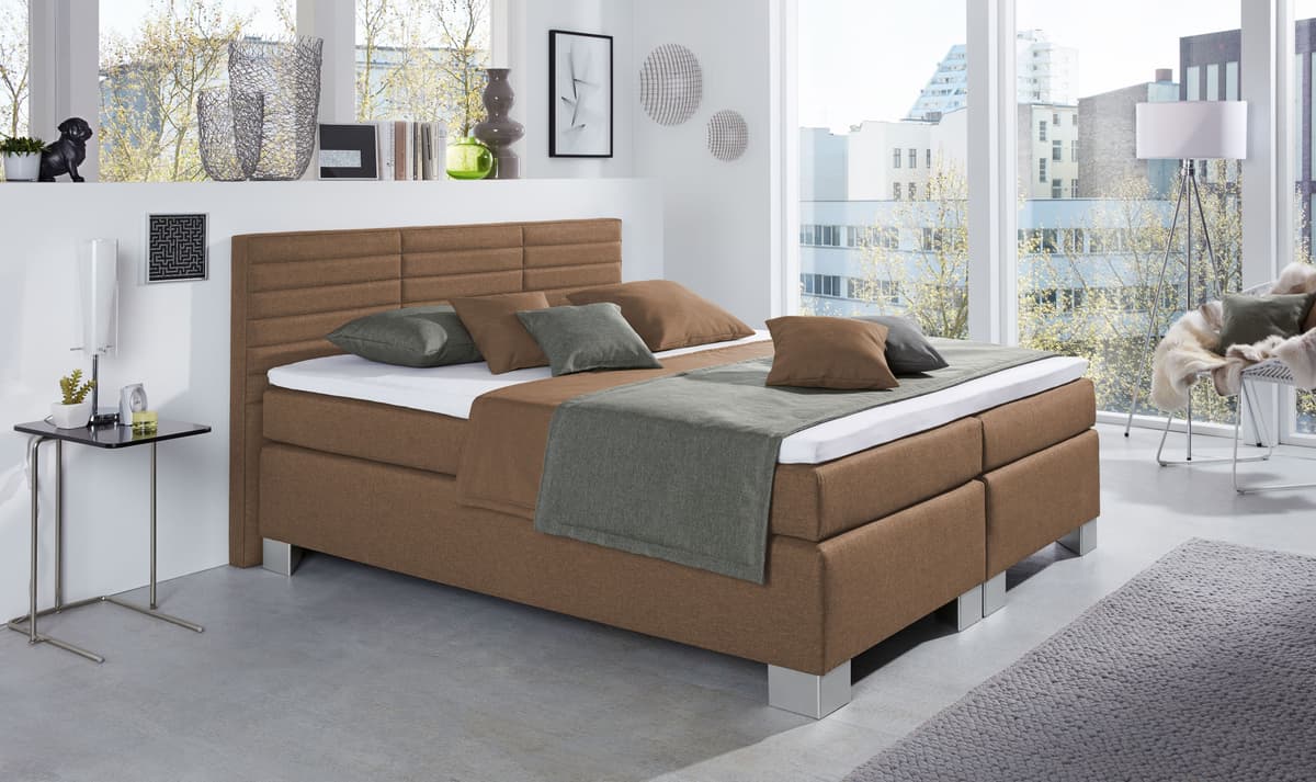 Boxspringbett HAPO "ATLANTA mit hohem Kopfteil", braun (hellbraun), B:210cm L:210cm, Komplettbetten, Boxspringbett, erhältlich in verschiedenen Breiten, Farben & Matratzenarten