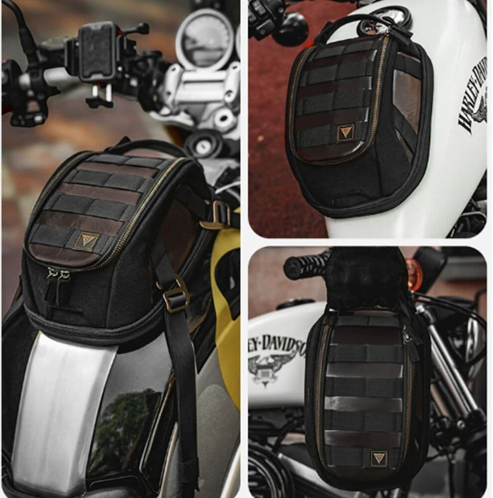 NONE Magnetic Motorcycle Tank Bag Expandable Waterproof Retro Leather Motorbike Fuel Tank Pack Touring Travel