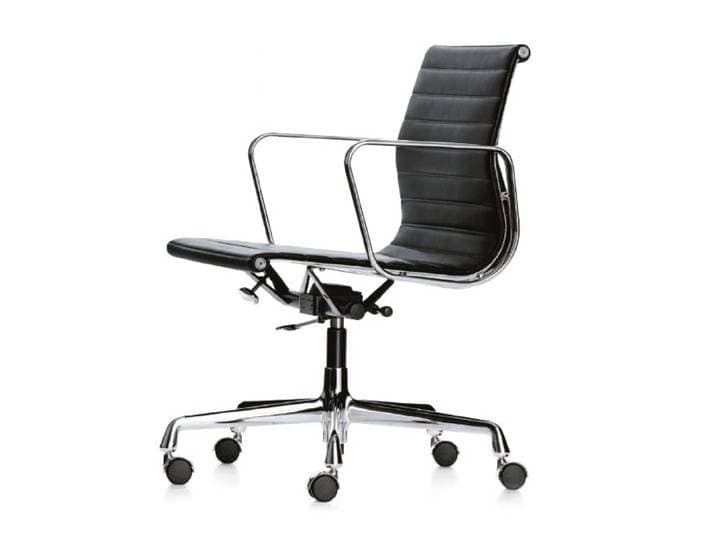 VITRA chaise de bureau avec dossier mi-haut ALUMINIUM CHAIR EA 117 (Noir - Cuir et aluminium chromé)