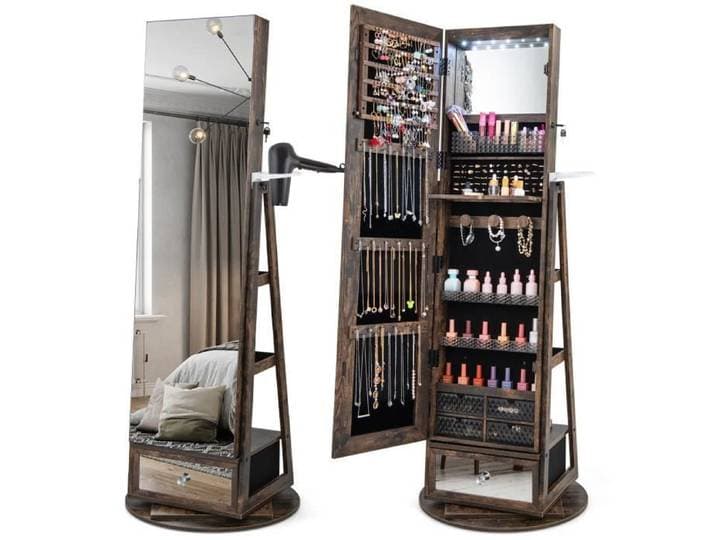 COSTWAY Armoire à Bijoux Pivotante à 360° - Miroir Pleine Longueur Lumières LED Etagère 3 Niveaux Porte Verrouillable - Marron