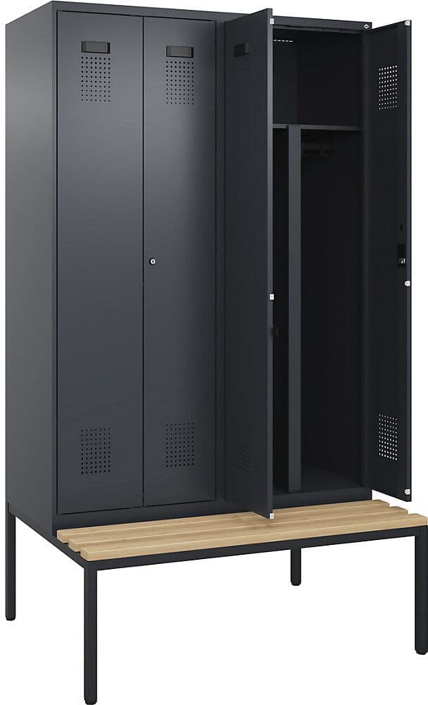 kaiserkraft Schwarz-Weiß-Spind Evolo PLUS Sitzbank, 4 Abteile, verkürzte Trennwand mittig, grau, B 1200 mm, Zylinderschloss, mit untergebauter Sitzbank, Buche