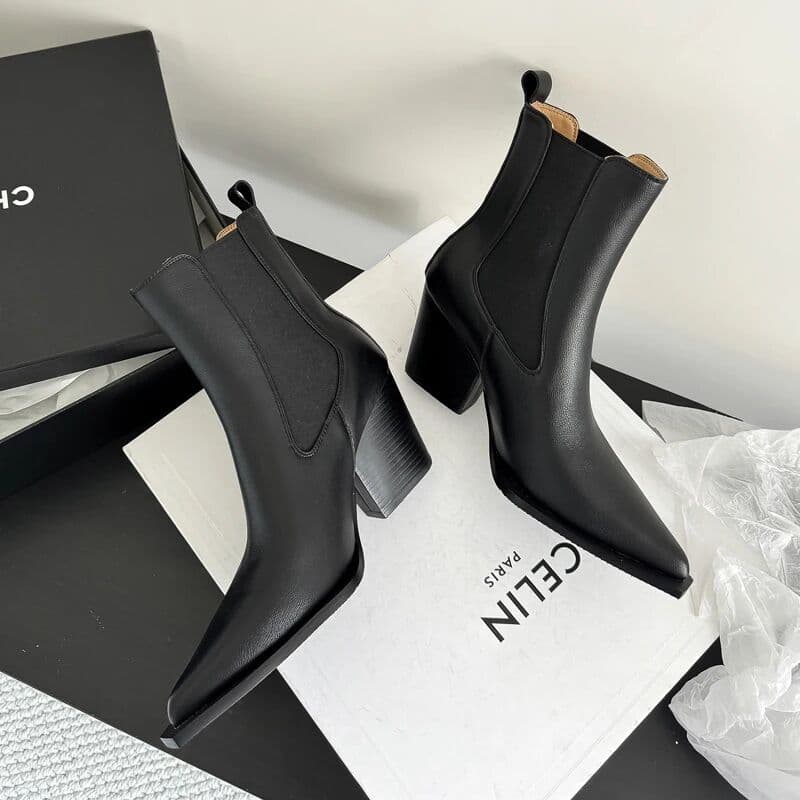 HOLY JASMINE 2027 Cow Leather Pointed Toe High Heels Chelsea Boots Winter Warm Shoes Runway Concise Fashion Dress Women Ankle Boots