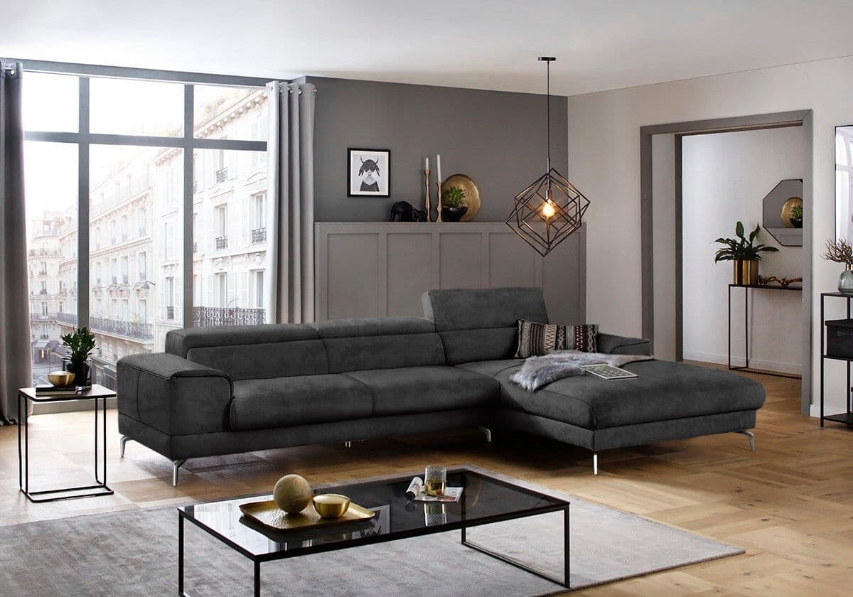 Ecksofa W.SCHILLIG "piedroo, Designsofa mit tollem Sitzkomfort, elegant und bequem, L-Form", grau (anthrazit s37), B:343cm H:70cm T:193cm, Stoff S37 (100% Polyester): Luxus-Microfaser in Lederoptik, Sofas, Ecksofa, Kopfteilverstellung, wahlweise mit Sitzt