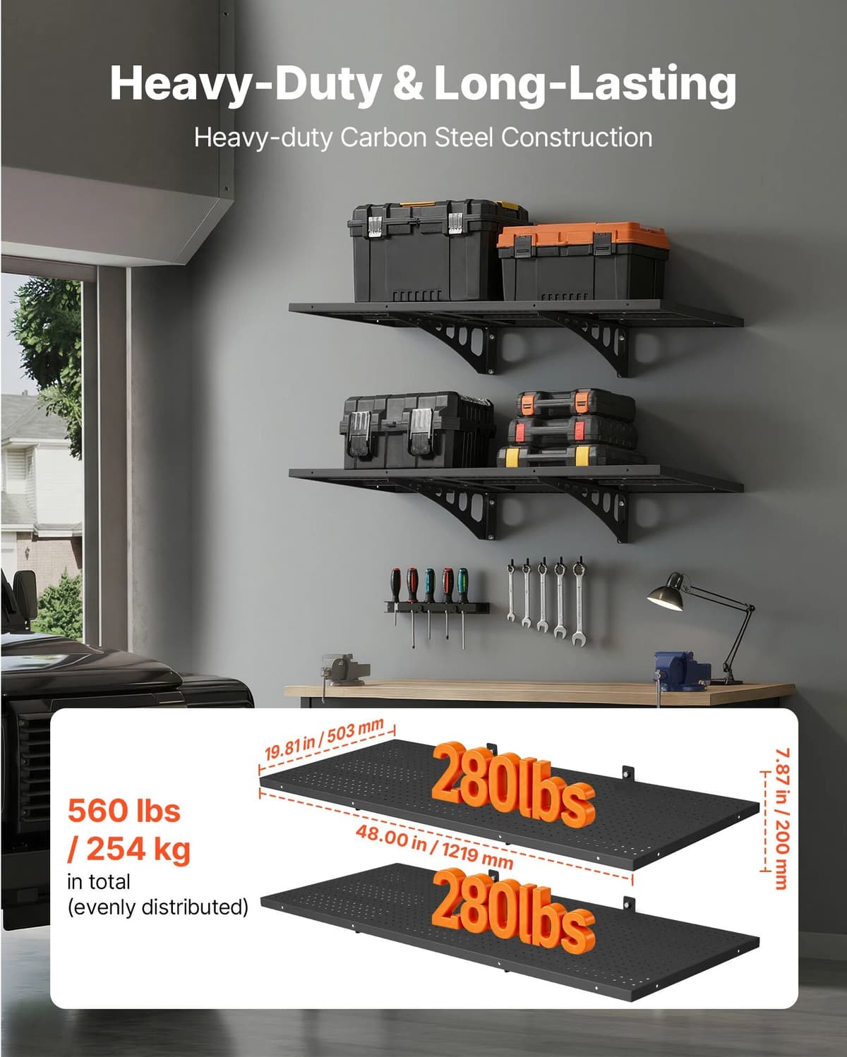 SucceBuy 2-Tier Wall Garage Shelving 20x48in/24x36in 280lbs Per Shelf Steel Wall Mounted Floating Storage Metal Rack for Garage