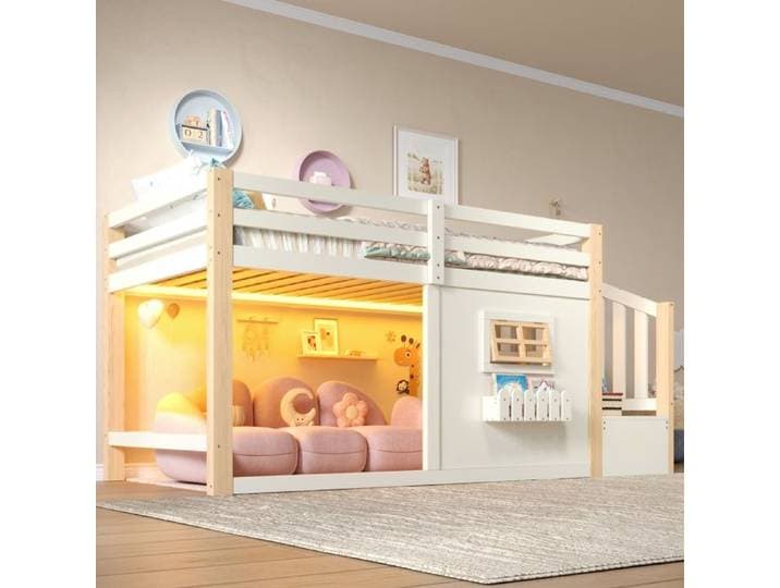 Lit mezzanine enfant - ZEVKOR - 90×200 - Escalier 2 rangements - LED intégrée - Pin & MDF blanc/naturel