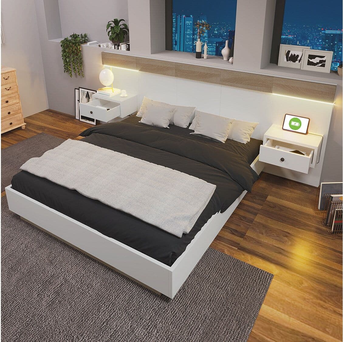 Merax Tweepersoons houten bed 160 x 200 cm met 2 laden - 2 LED-nachtkastjes en USB C-aansluiting - kleur eiken en wit