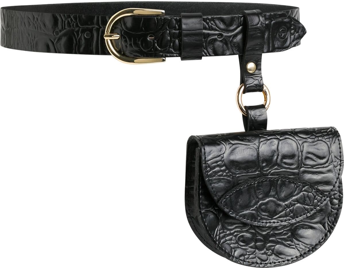 Ledergürtel TAMARIS "Fortuna", Damen, Gr. 120, schwarz, Rindsleder, Kroko-Optik, glänzend, unifarben, Gürtel Ledergürtel, mit zweiteiligem Set aus Gürtel und abnehmbarer Tasche, 3 cm Breite schwarz 120