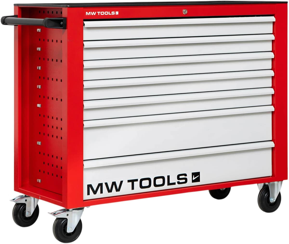 Servante d'atelier 7 tiroirs rouge et grise extra large 1135 mm avec verrouillage intégré dans la poignée roues ø125 mm MW Tools GW307