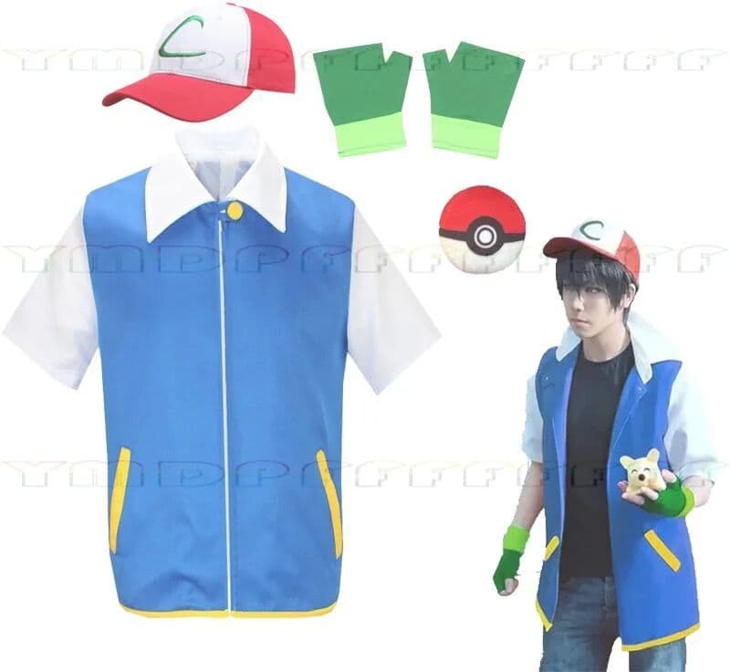 ZOBOTT Cartoon Anime Ash Trainer Blue Jacket Halloween Cosplay Set Blue Jacket Hat Gloves Elf Ball Male and Female Party Role Playing