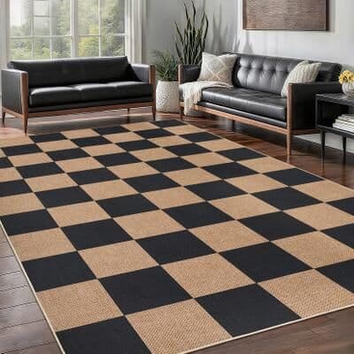 Garvee Square Checkerboard Pattern Easy Jute Area Rug