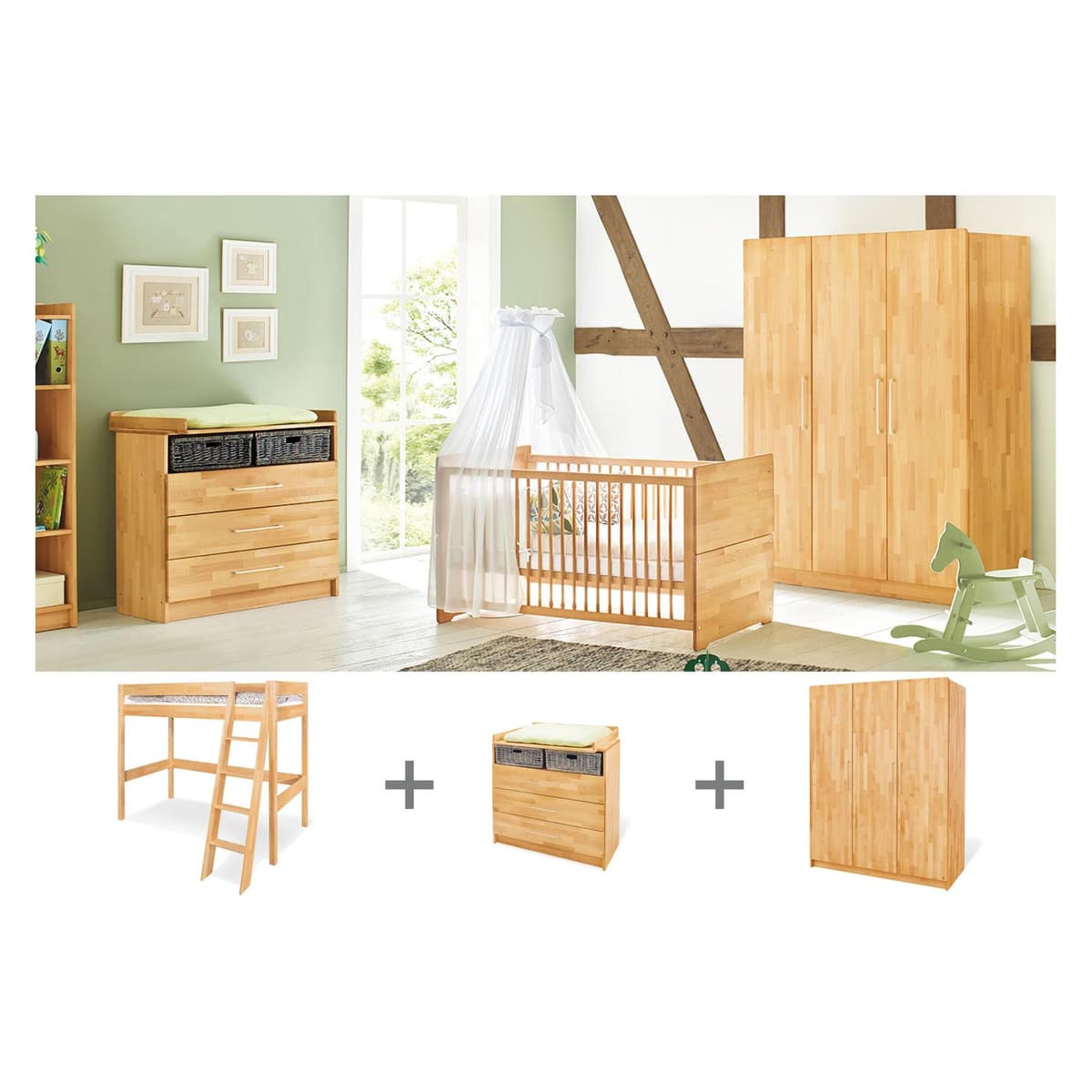Pinolino Jugendzimmer "Natura" breit gross mit Hochbett, 3-tlg. (Kinderkleiderschrank) (102175JHBG)