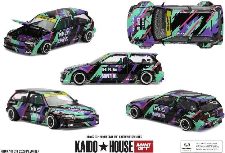 Kaido House&MINIGT 1:64 Honda Civic EF HKS # 303 Die cast Alloy Car Model Adult Collection Ornament