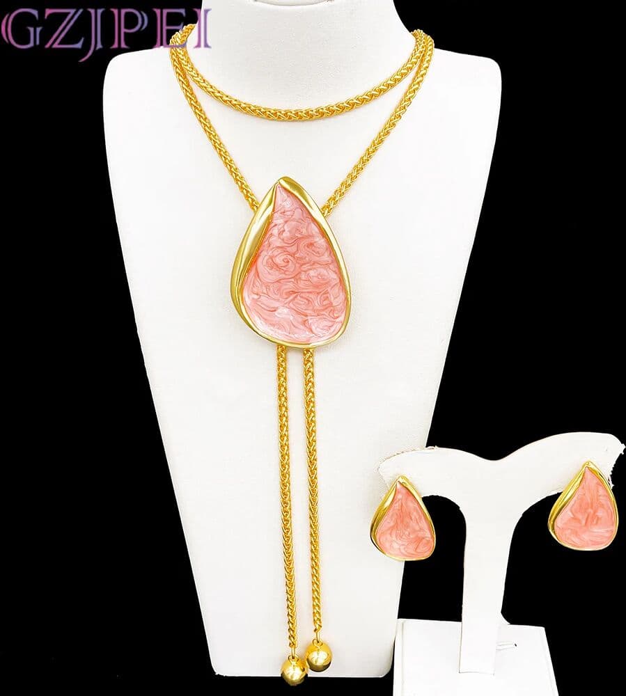 GZJPEI Long Chain Necklace Enamel Earring Elegant Enamel Pendant Necklace Winter Sweater Chain For Women Birthday Jewelry Gift