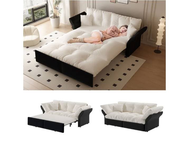 Canapé-lit 2 places 3-en-1 en velours beige canapé convertible avec 2 coussins gain de place