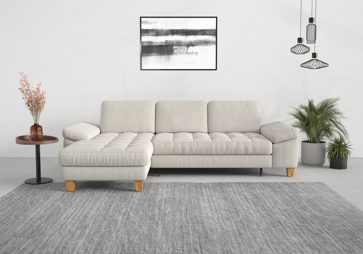 Ecksofa SIT & MORE "Westham L-Form", beige (creme), B:275cm H:88cm T:172cm, 90% Polyester 10% Polyamid, Sofas, Ecksofa, mit Recamiere, mit oder ohne Schlaffunktion, Bettkasten, Füsse Eiche creme B/H/T: 275cm x 88cm x 172cm, Struktur weich, Recamiere links