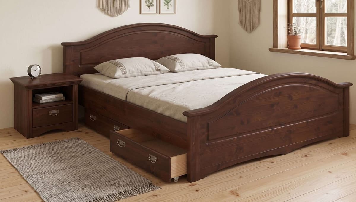 Massivholzbett GOODPRODUCT "Konrad, hohe Belastbarkeit FSC zertifiziertes Massivholz", braun (dunkelbraun), B:153cm H:100cm L:200cm, Betten, Massivholzbett, aus massivem Kiefernholz, FSC-zertifiziert, INKLUSIVE Rollrost dunkelbraun Liegefläche Länge B: 20