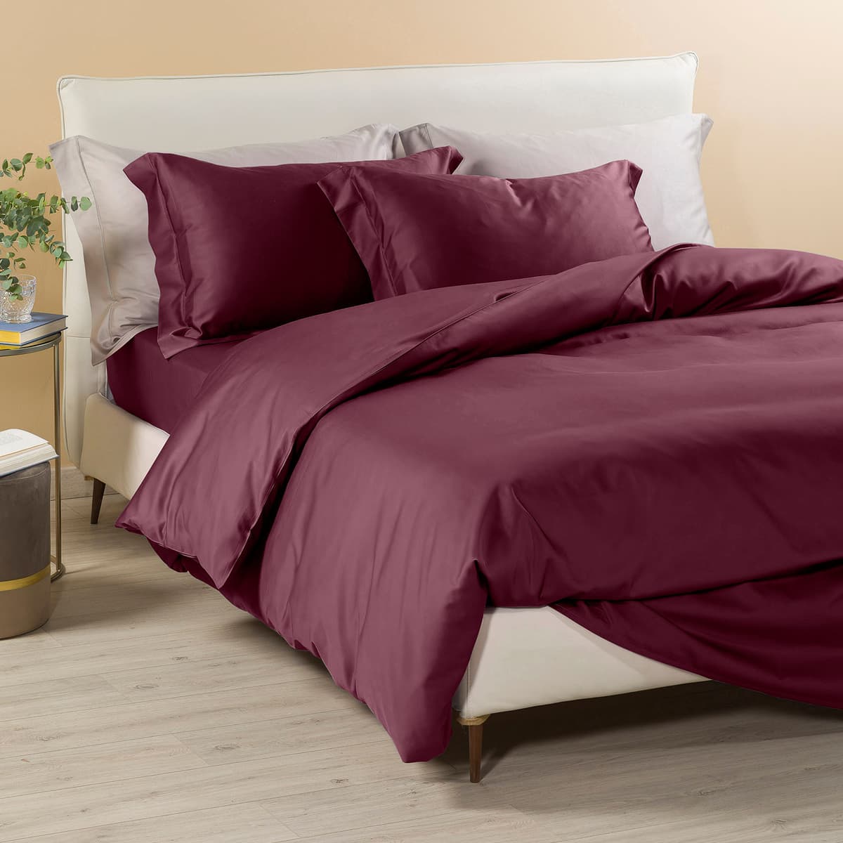 Completo Copripiumino in Raso di cotone Raso Matrimoniale Dreaming Tinta Unita Mauve Caleffi