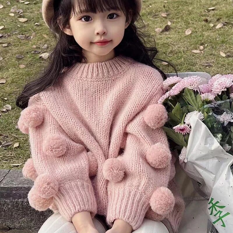 NONE Girls' Pullover Sweater 2023 Spring and Autumn  Children's Fashionable Girl Baby Pink Lantern Sleeve Wool Ball Sweater Top