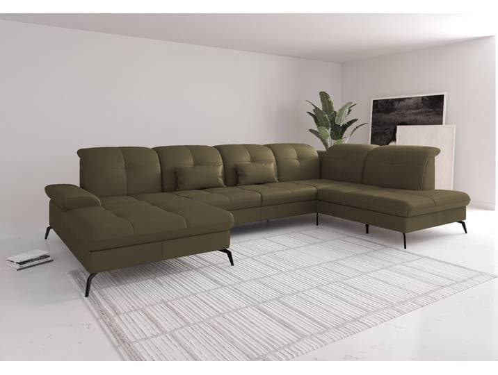 Wohnlandschaft, Grün, 357x231 cm, Naturleder, U-Form & Bettfunktion, Modern, sit&more