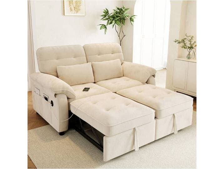 Canapé convertible 2 places 3 en 1 avec dossier réglable USB et Type-C 2 coussins chenille beige - UVRION