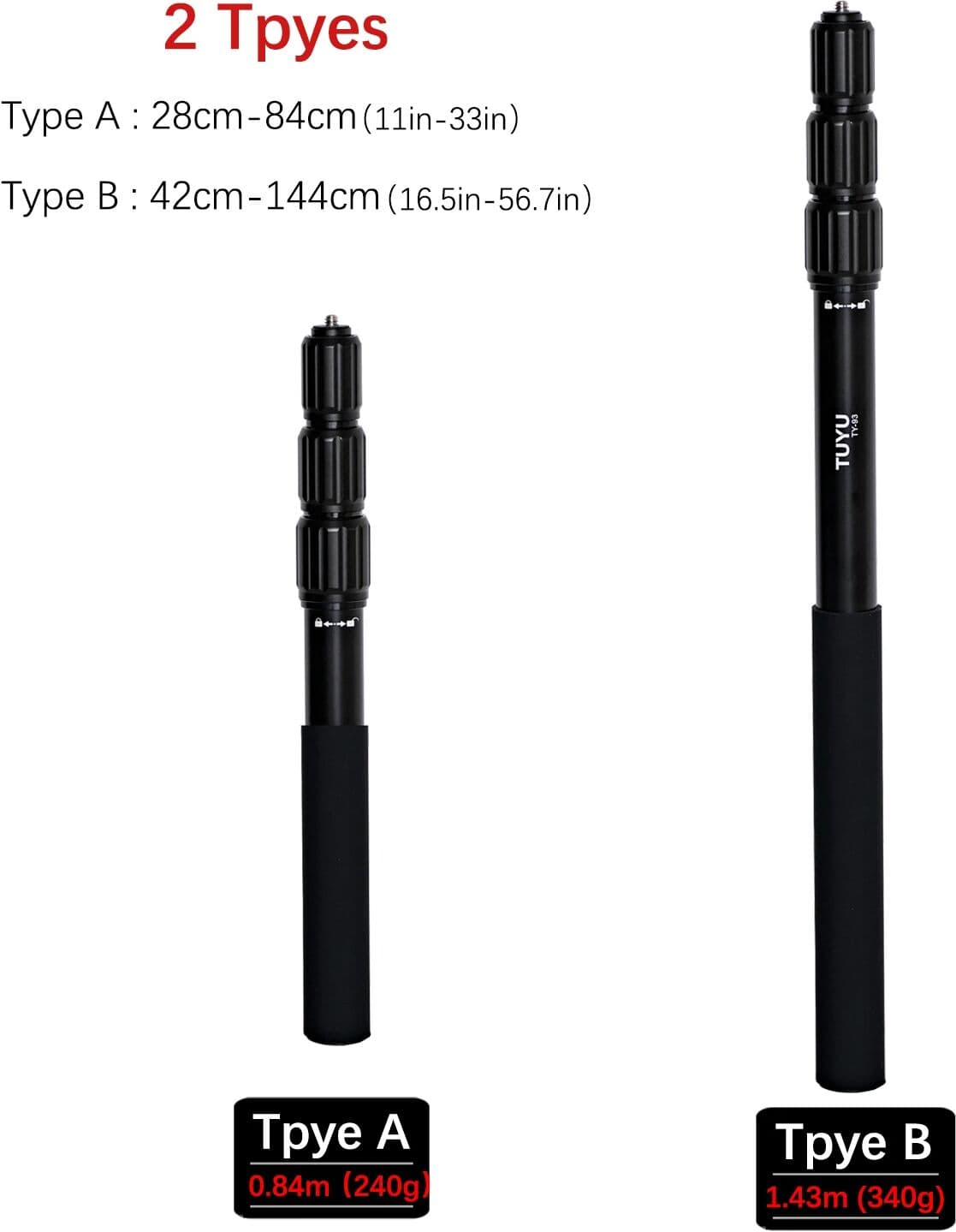 TUYU Telescopic Adjustable Invisible Aluminum Alloy Selfie Stick Monopod for Insta360 X3 GoPro Hero 12 11 DJI Camera Accessories