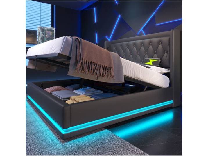 Lit Coffre Hydraulique avec Tête de Lit Capitonnée USB et Type-C LED 3 Côtés - ELVMI - en PU Noir 140 × 200 cm