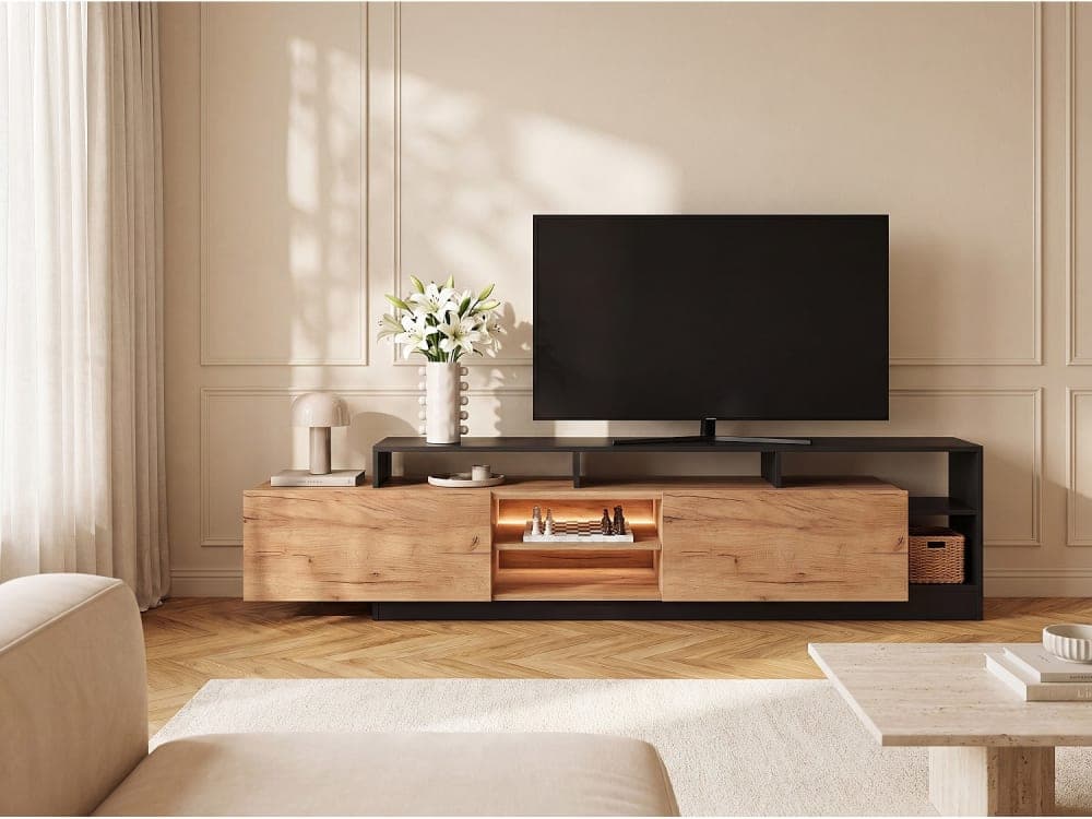 Unique Mueble bajo de tv madera gris antracita, color natural claro