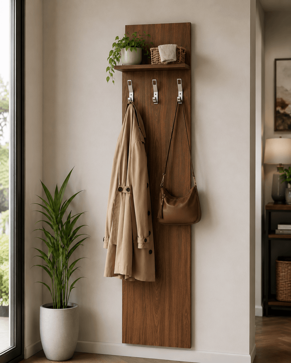 B2B Partner Garderoba z wieszakami PRIMO WOOD, 3 haczyki, półka, tekstura drewna pionowa, orzech