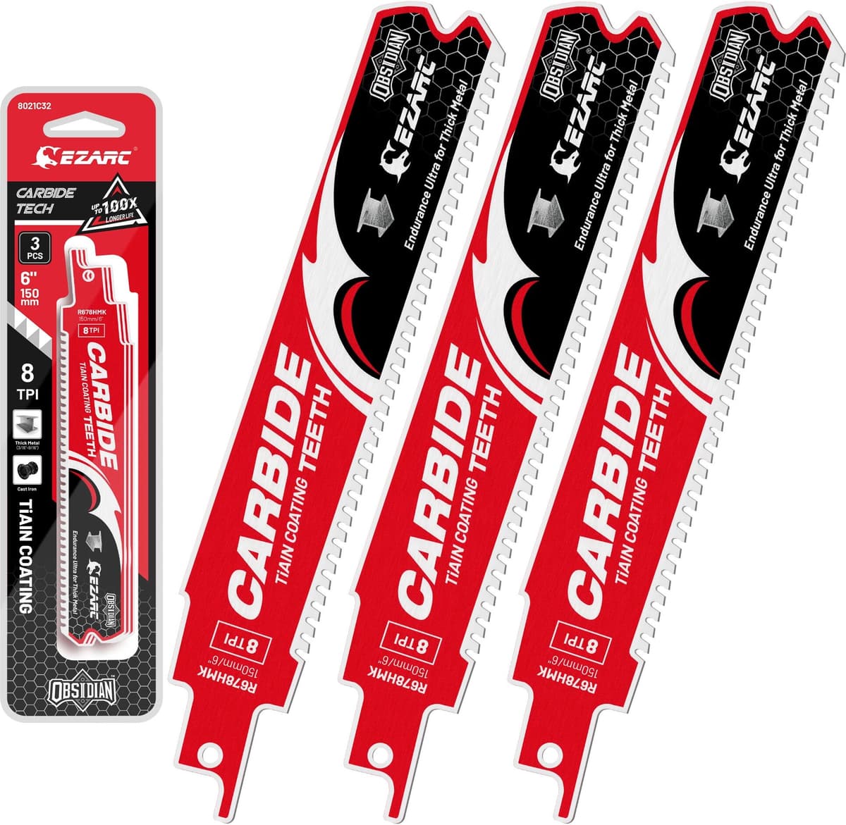 EZARC 3PCS Obsidian Carbide Reciprocating Saw Blades (Pro) 6''/9'' 8TPI Endurance Ultra for Thick Metal, Cast Iron, Alloy Steel