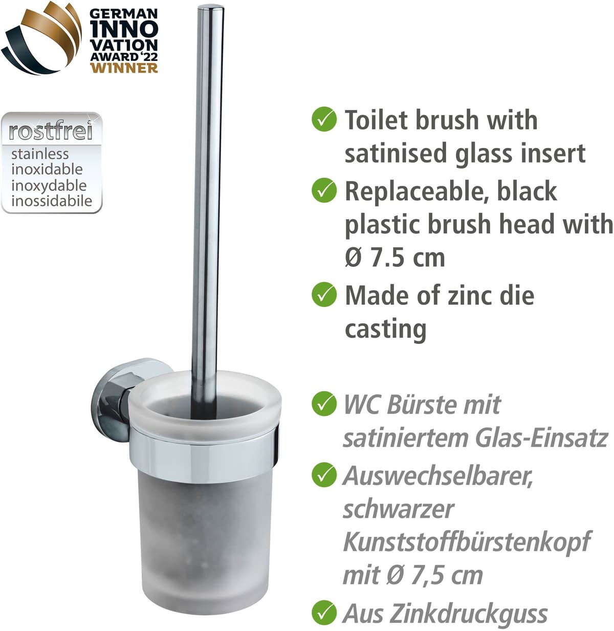 WC-Garnitur WENKO "UV-Loc Maribor", silber (transparent, silber, schwarz), B:9,5cm H:36,5cm L:11,5cm, Glas, Zinkdruckguss, Reinigungsbürsten, WC-Garnitur, befestigen ohne Bohren, Bürstenkopf auswechselbar