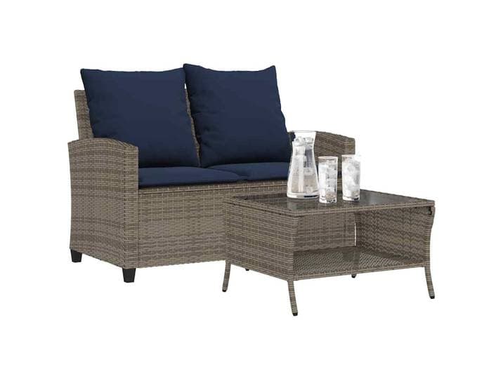 vidaXL Gartensofa 2-Sitzer mit Kissen & Tisch Grau Poly Rattan