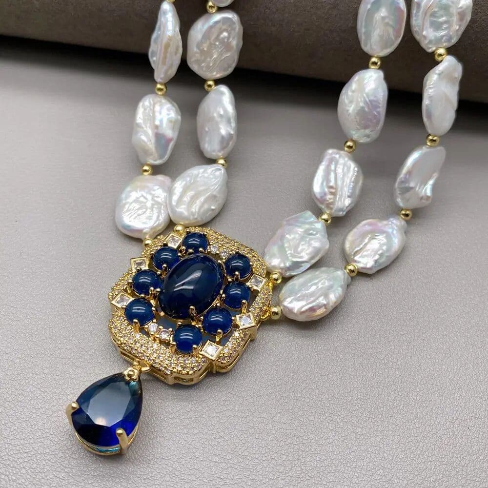 KAKAIBAGEMS 30x35mm Blue Cz Pave Pendant 2 strands 13x16mm Cultured White Keshi Pearl Handmade Choker Necklace