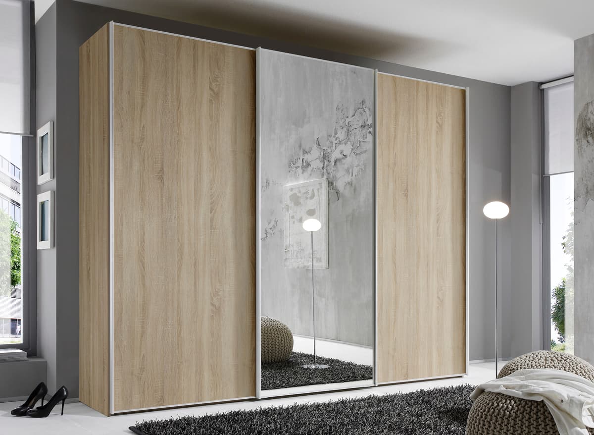 Schwebetürenschrank STAUD "Sinfonie Plus, edles Design in hochwertiger Qualität, Made in Germany", braun (sonoma eiche), B:280cm H:222cm T:68cm, Holzwerkstoff, Schränke, Schwebetürenschrank, Mit Spiegeltür und vier verschiedenen Ausstattungsvarianten
