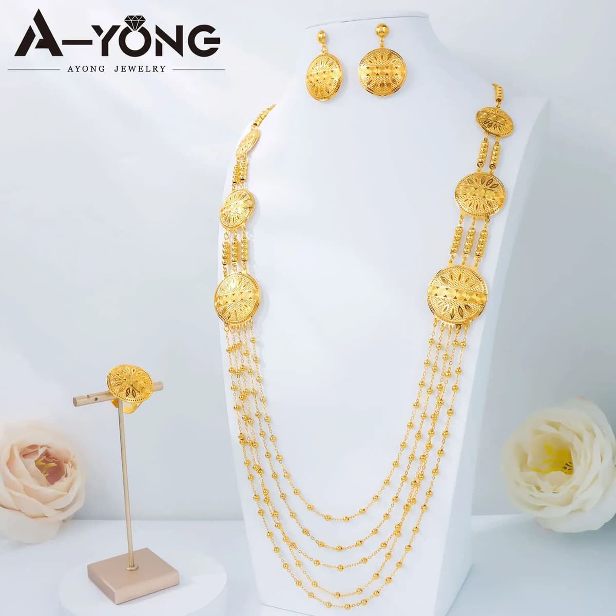NONE Ethiopian Gold Color Tassel Jewelry Set Nigeria Bridal Wedding Necklace Ring Earrings Dubai Women Banquet Party Jewelrys