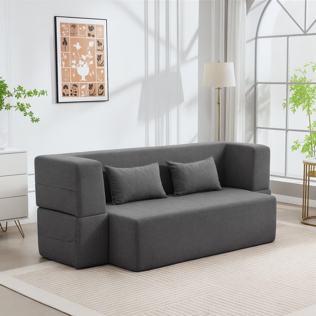 Homcom Divano letto 2 posti in schiuma, divano letto con braccioli larghi, 2 cuscini, portata 360 kg, Grigio   Aosom Italy