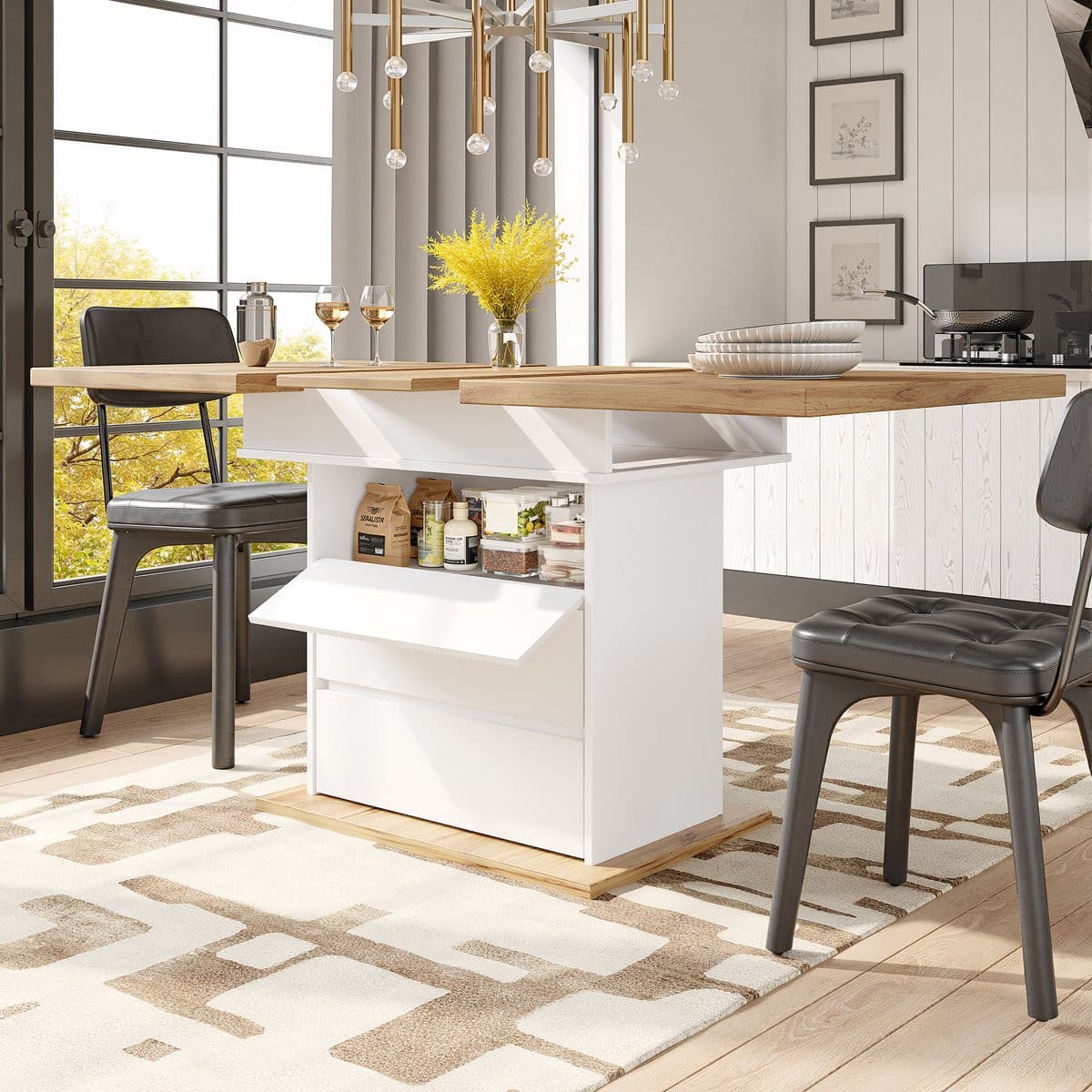 OKWISH Eettafel wit MDF met verborgen opbergruimte, uitschuifbaar en inklapbaar, B/D/H: 110-140 x 80 x 75 cm