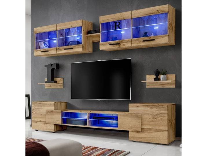 Meuble TV Foggia Komodee - LED Bleues - Bois naturel Mat et Bois naturel - 230 x 195 x 35 cm