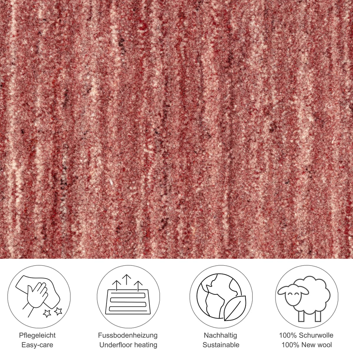Wollteppich THEKO "Pure UNI, handgewebt", rot, B:140cm H:14mm L:200cm, Schurwolle, Teppiche, Wollteppich, meliert, reine Wolle, auch in rund, ideal im Wohnzimmer & Schlafzimmer rot B : 140cm 1 Stk., 14mm, L: 200cm