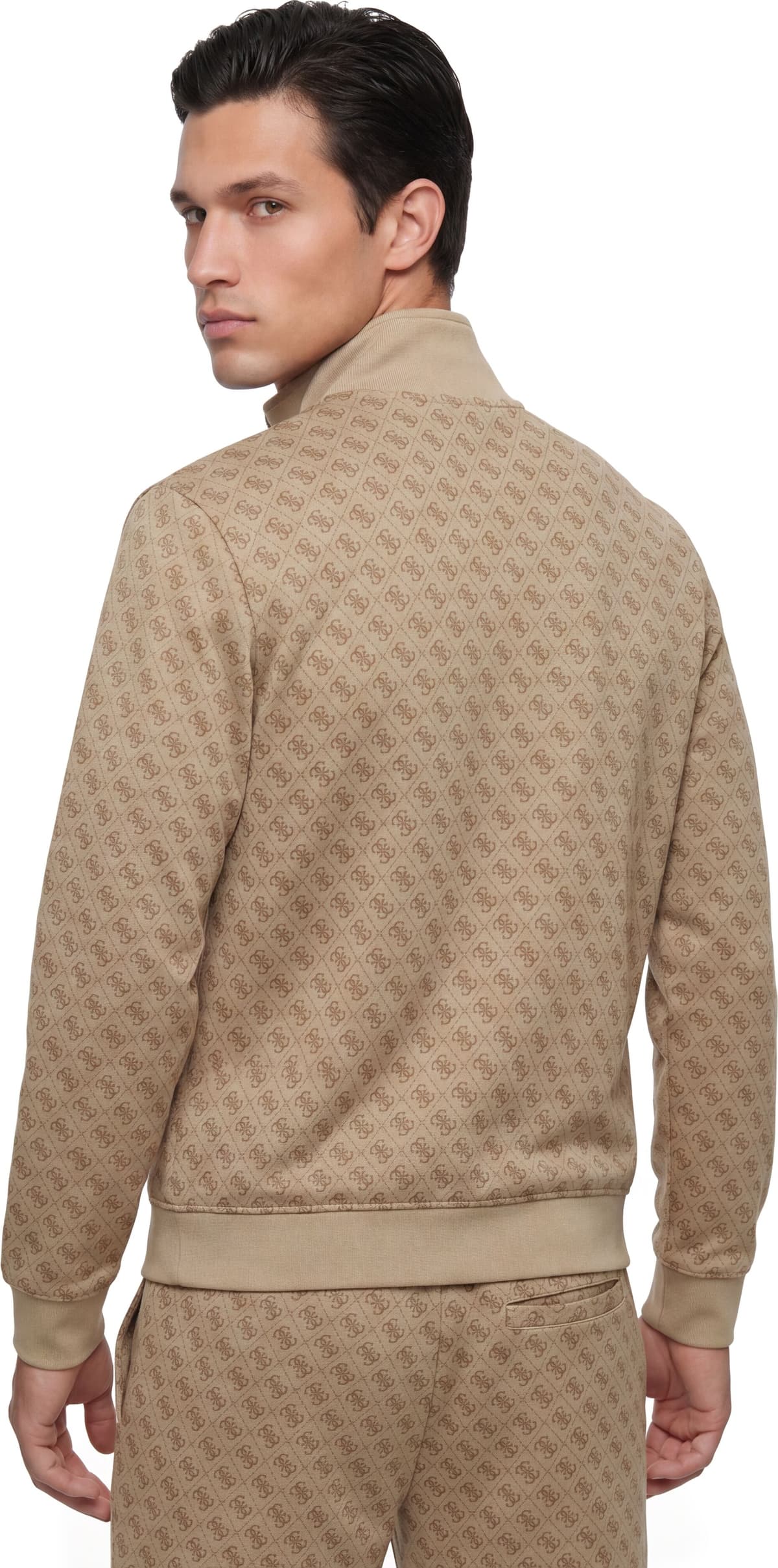 Sweatjacke GUESS "KORBIN", Herren, Gr. S, beige (4g aop beige blanco), Sweatware, Obermaterial: 57% Polyester, 43% Baumwolle, unifarben, regular fit normal, hoch geschlossener Ausschnitt, Bündchen, Sweatjacken Sweatjacke, Stehkragen, Regular Fit, Eingriff