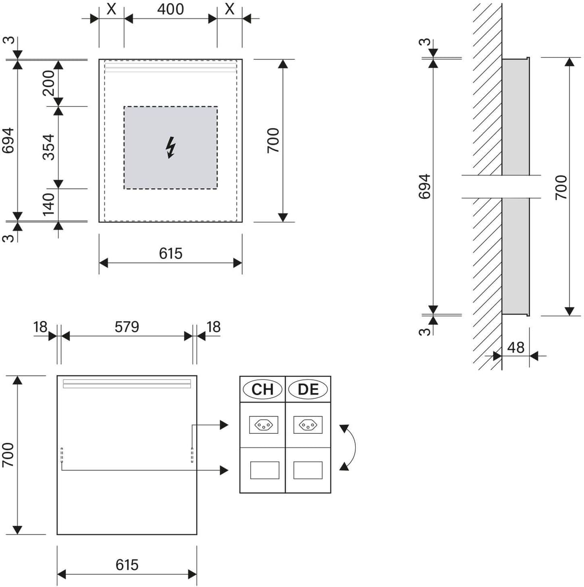 Schneider ARANGA LED Lichtspiegel ARA/SP 60/LED/SD 61,5 x 70 cm LED 4000 K mit Steckdose, Spiegel, 160.261.01.00, weiß - weiß